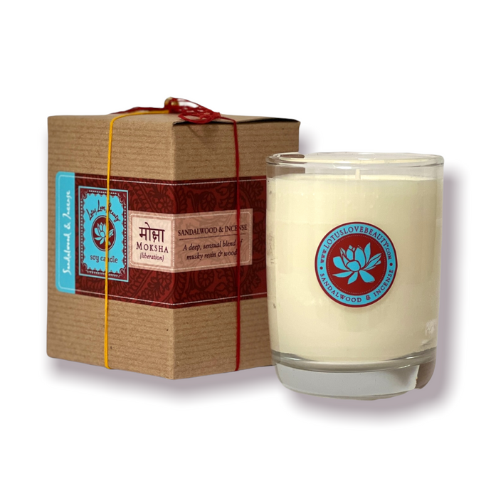 {Moksha} Sandalwood & Incense Kalava Candle